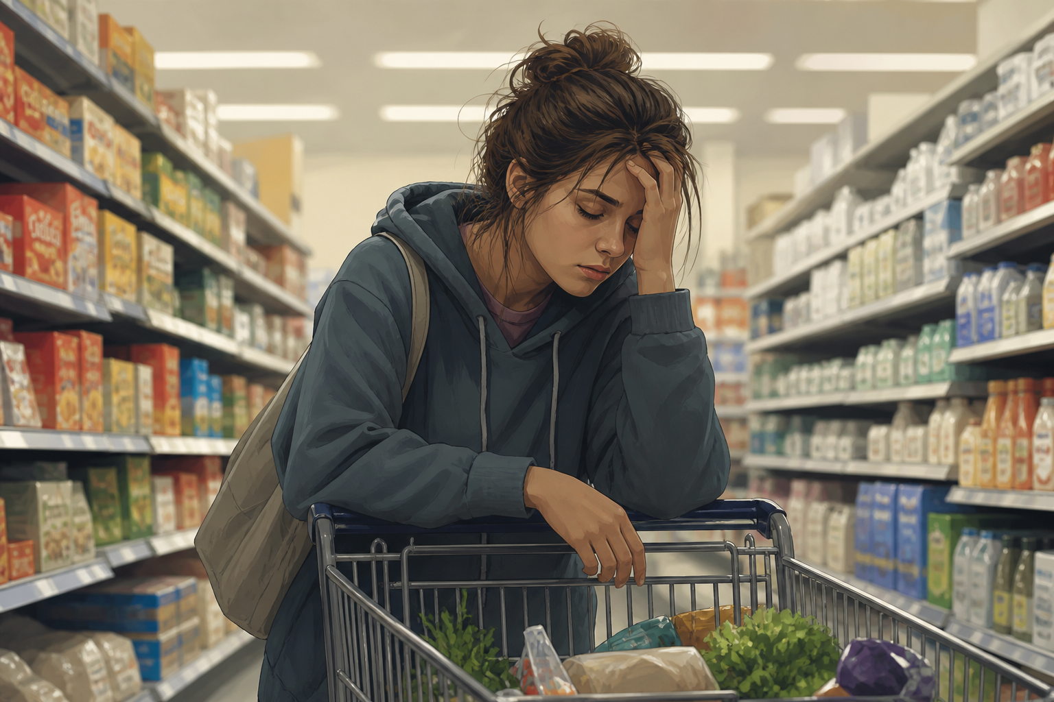 Fatigued shopper in a generic grocery store aisle, AI generated illustration